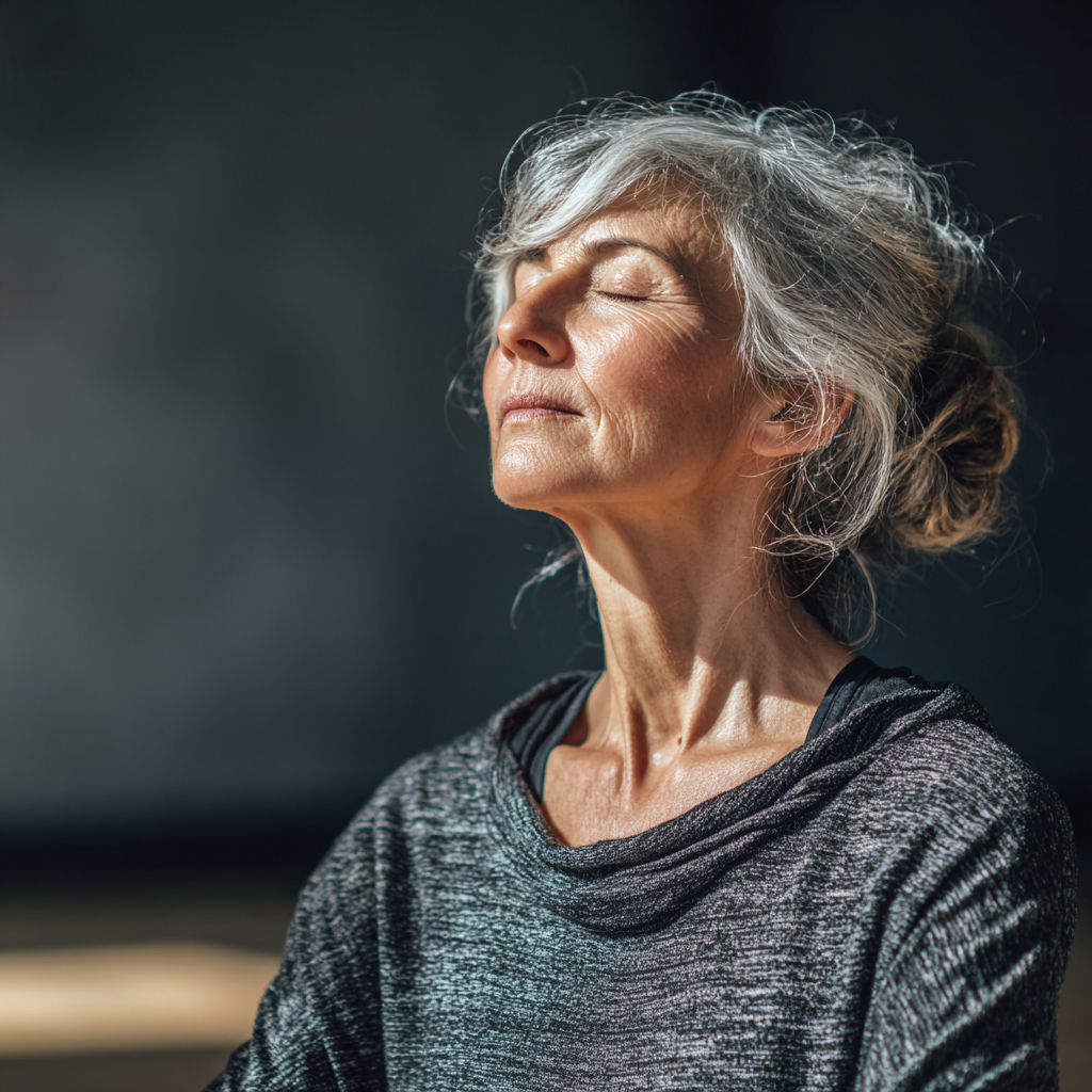 Mature adult experiencing deep relaxation and inner peace through yoga practice
