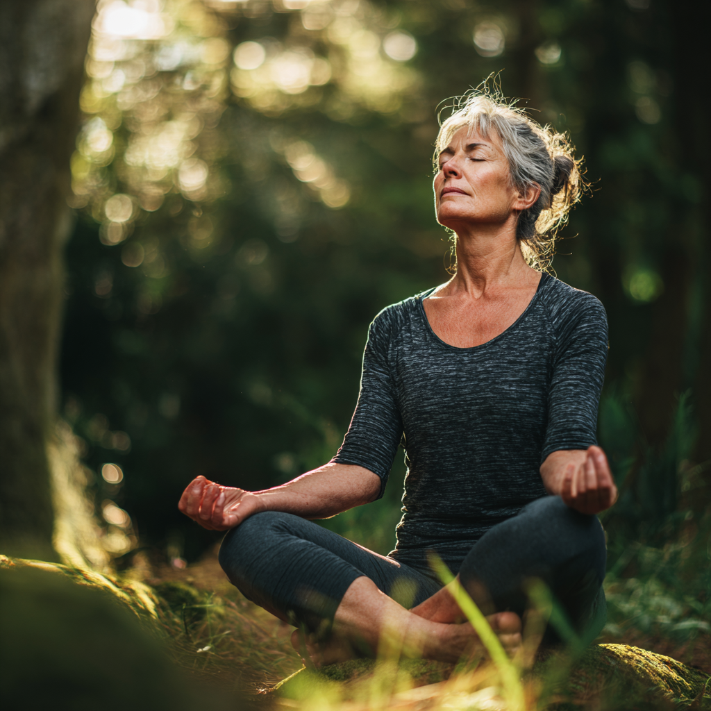 Middle-aged woman practicing mindful yoga in serene natural environment
